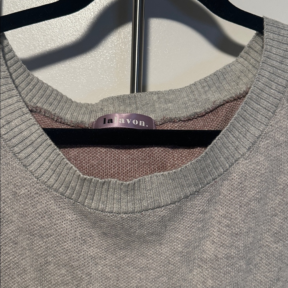 La La Von Gray Knit Sweater with arm stripes. Size large. - Picture 2 of 4